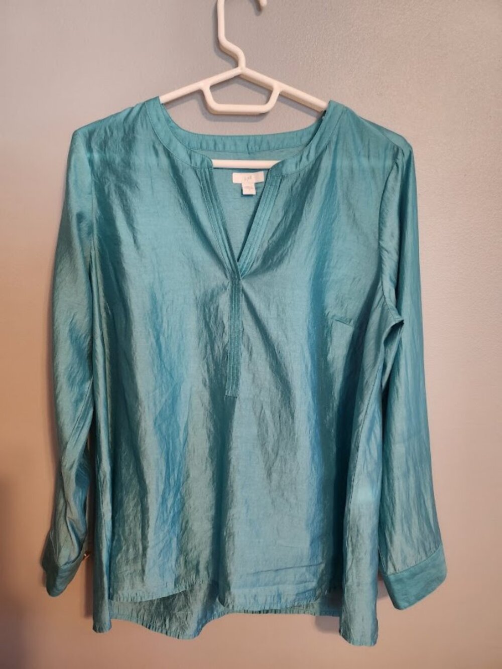 J. Jill Split Neck Teal Tencel Long Sleeve Blouse Size Small